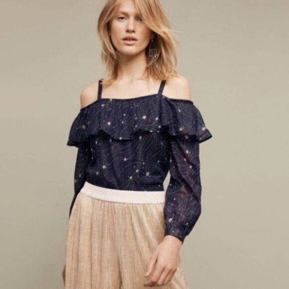 NWT Floreat Anthropologie Navy Blue Metallic Silver Star Cold Shoulder Top - Picture 1 of 11